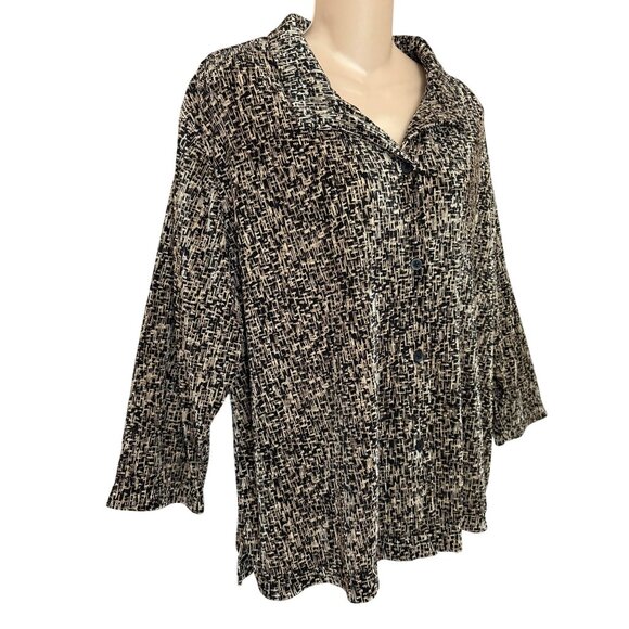 Coldwater Creek Womens XXL Black & Beige Abstract Button-Front Blouse 3/4 Sleeve - Picture 3 of 7